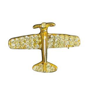 Gold-Tone Airplane Brooch Clear Rhinestones Vintage-Inspired Pin-Back Closure